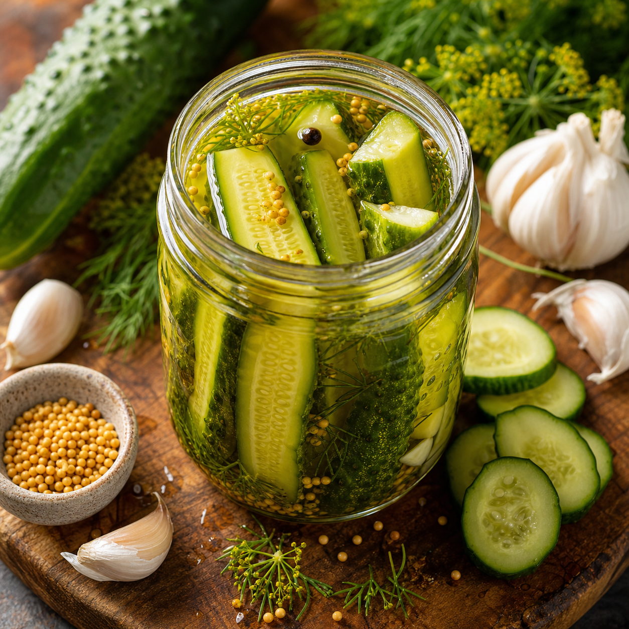 Crisp dill pickle spears in a glass jar