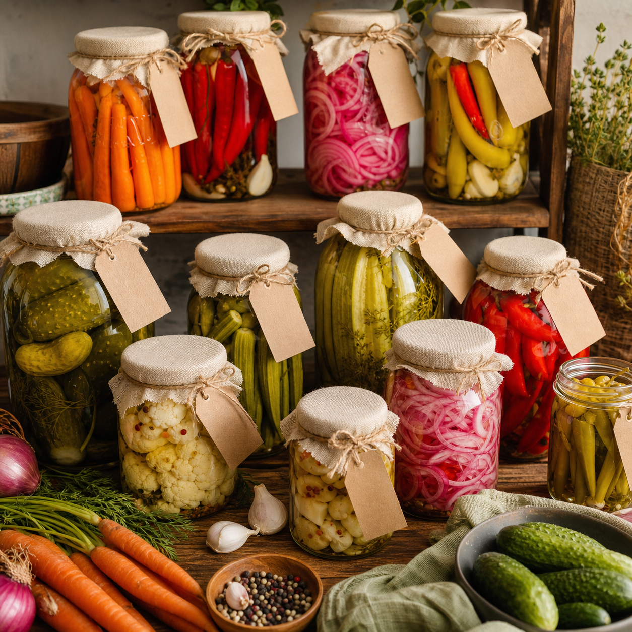Assorted jars of pickled vegetables on a pantry shelf